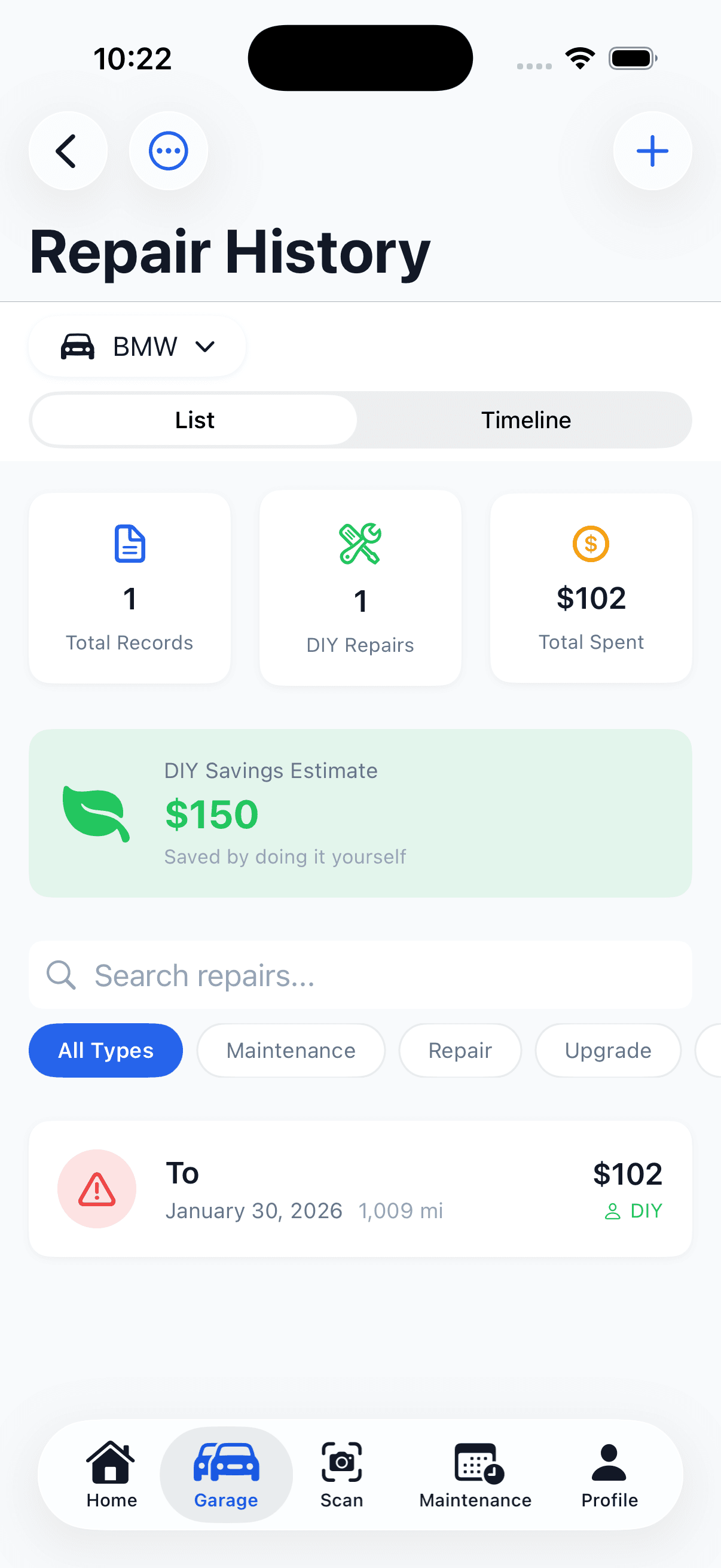 CarFixAI repair history and DIY savings tracker showing money saved