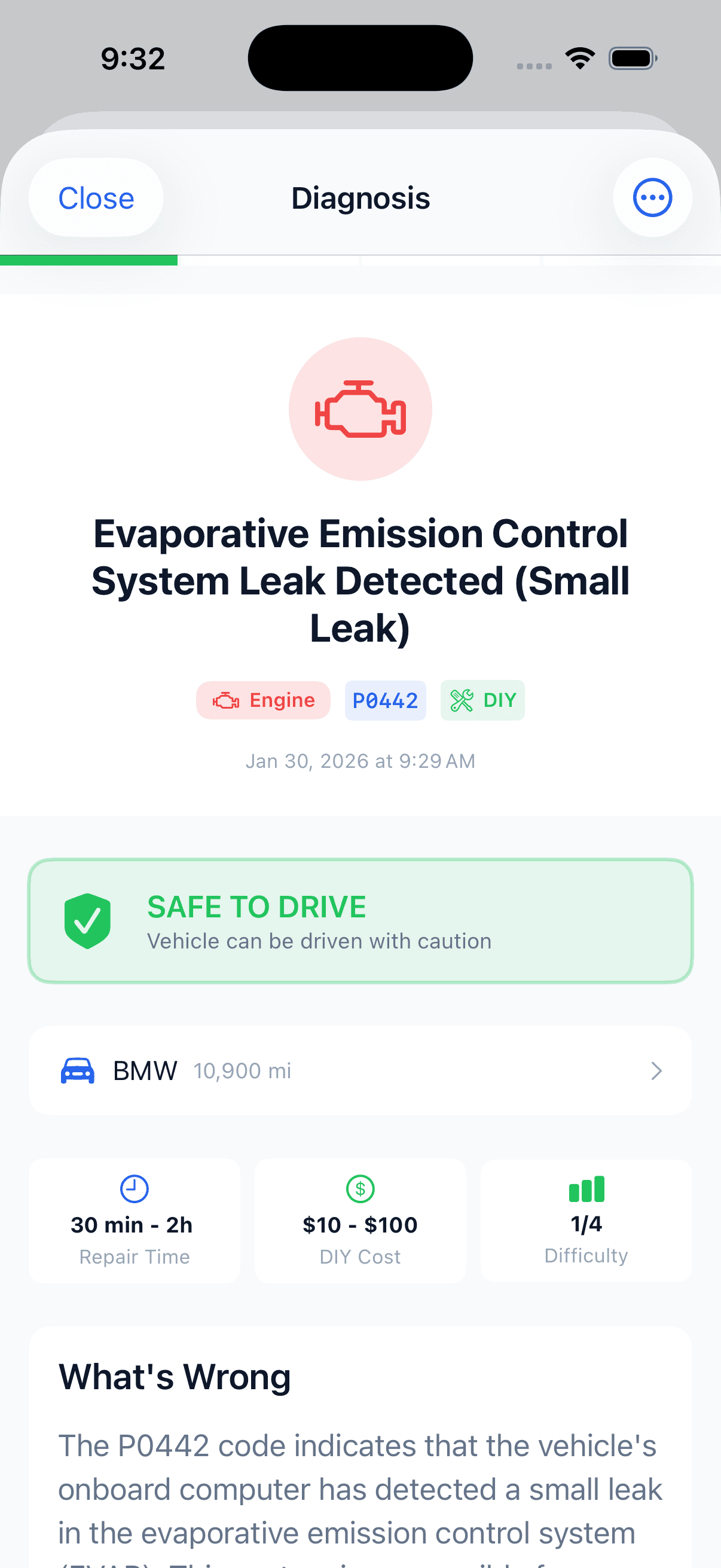 CarFixAI AI-powered car diagnosis result showing P0442 EVAP system leak detection