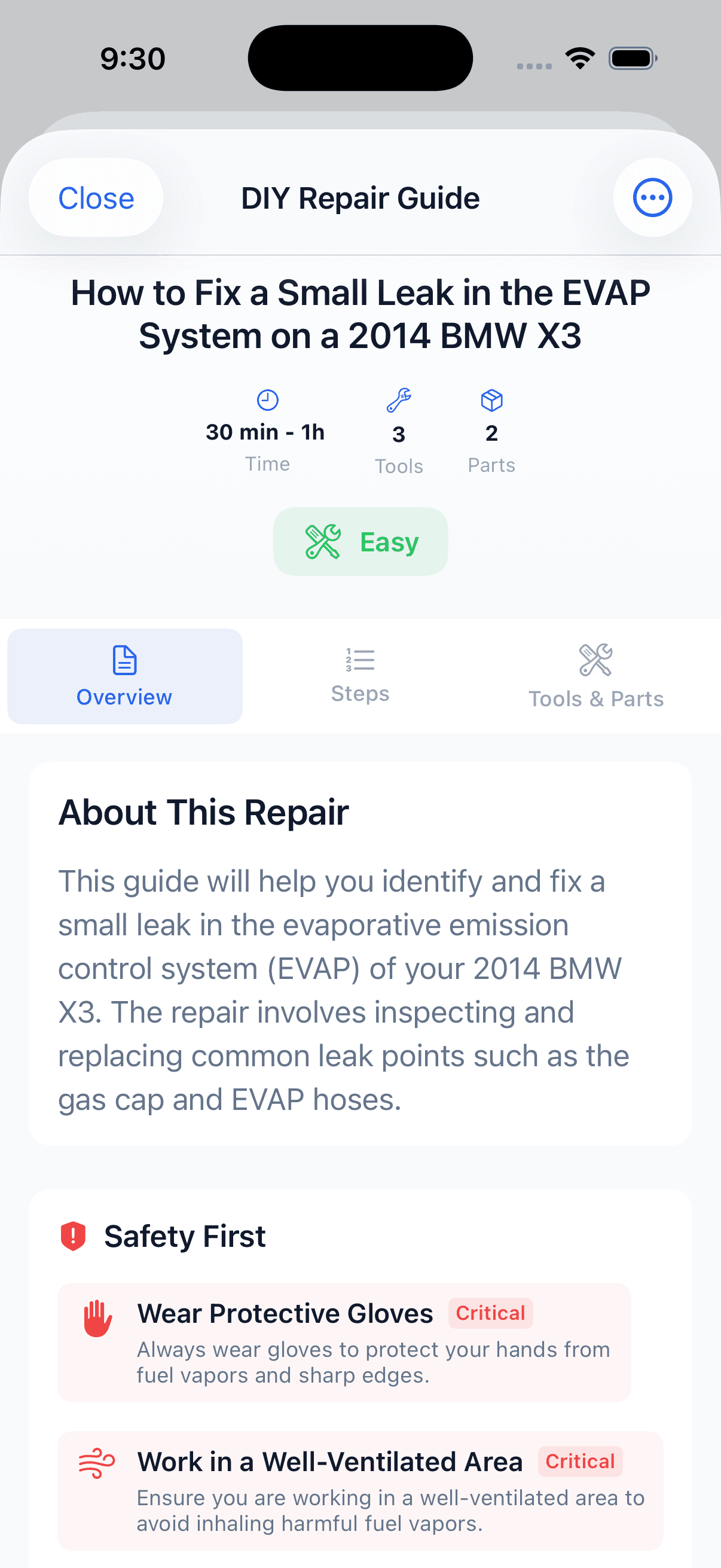 CarFixAI DIY repair guide overview with safety instructions and repair details