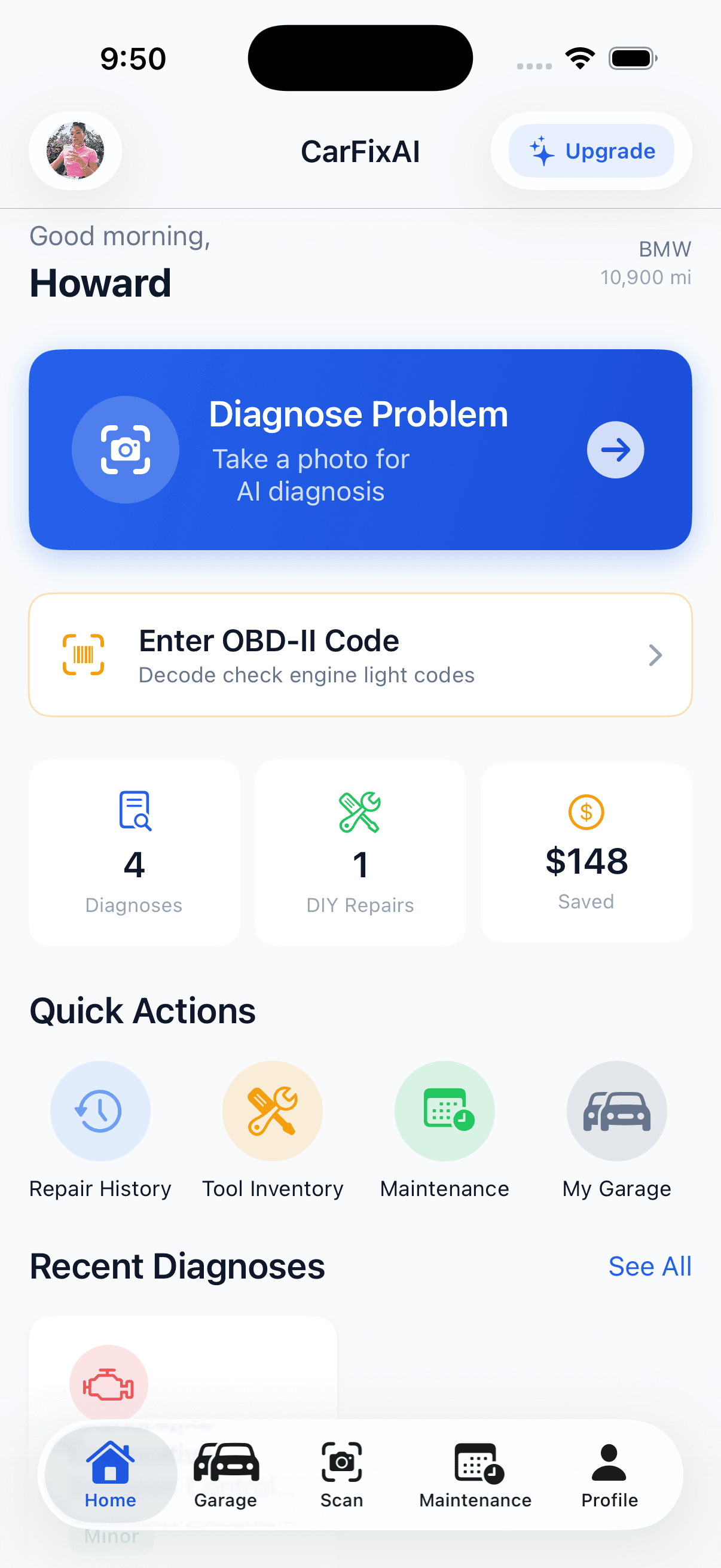 CarFixAI app home dashboard showing AI car diagnosis feature