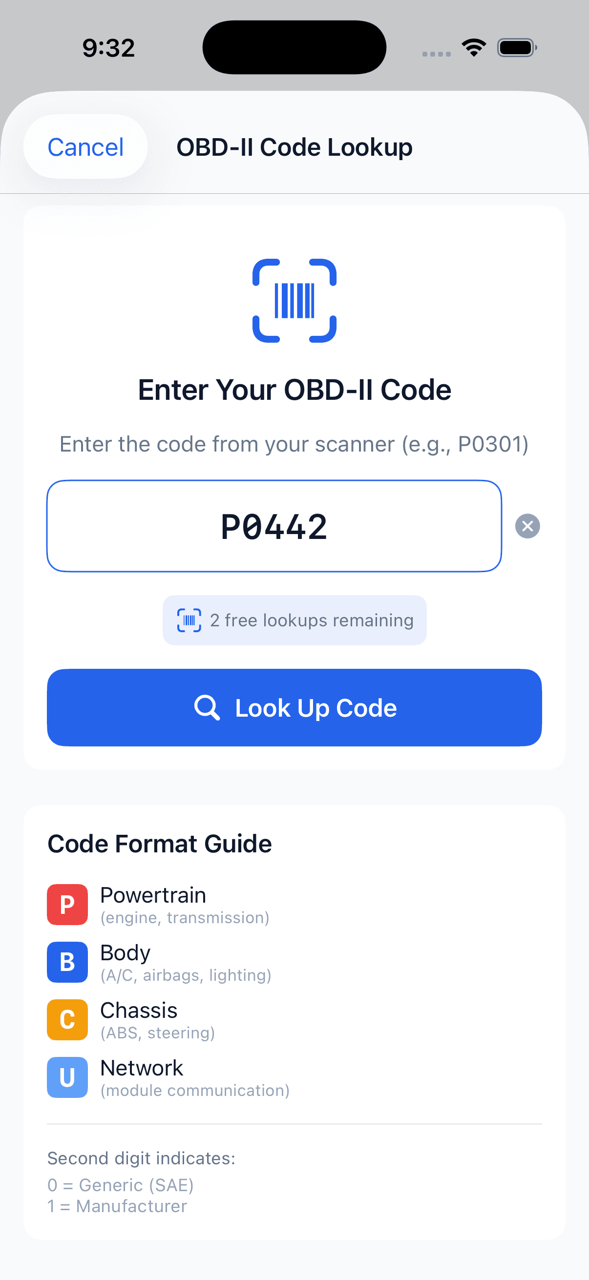CarFixAI OBD-II code scanner and lookup tool for check engine light codes