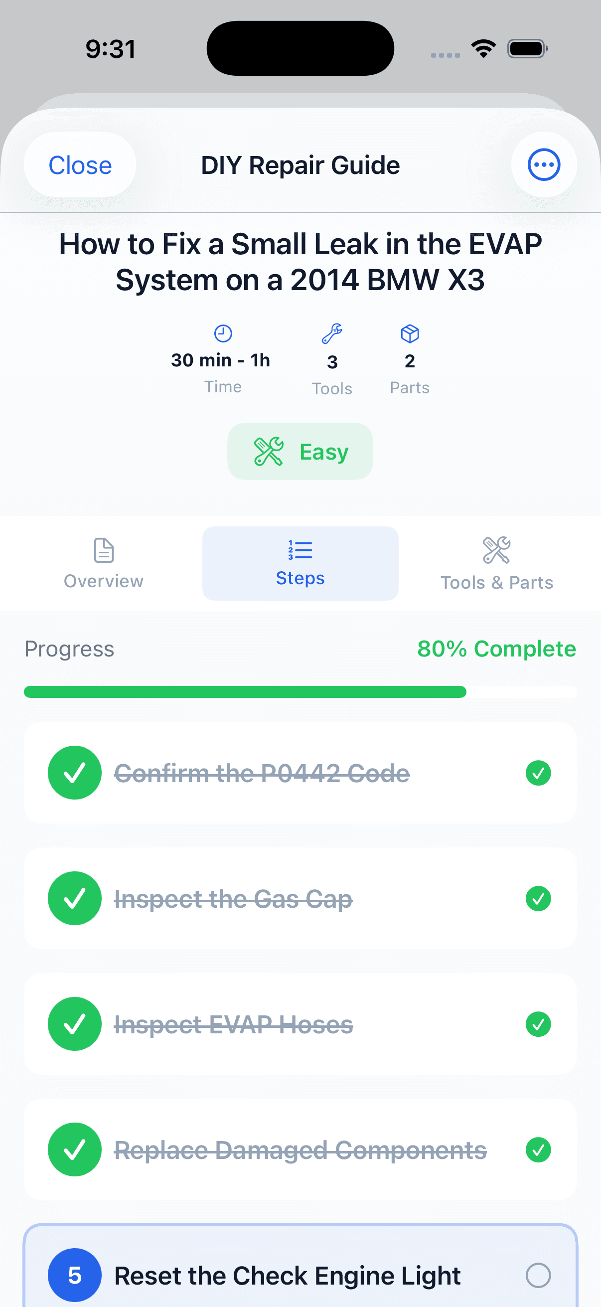 CarFixAI step-by-step car repair progress tracker with checklist