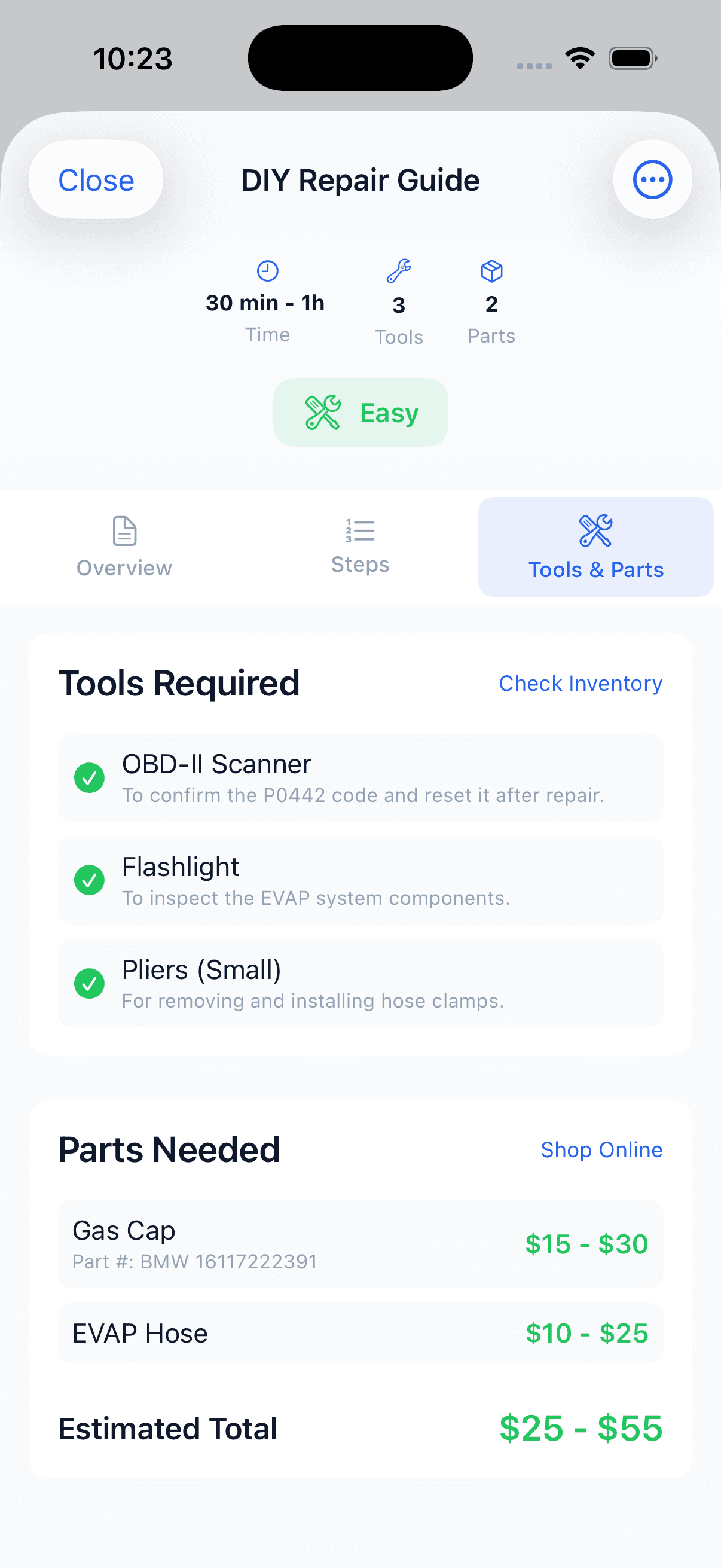 CarFixAI tools and parts list with prices for DIY car repair