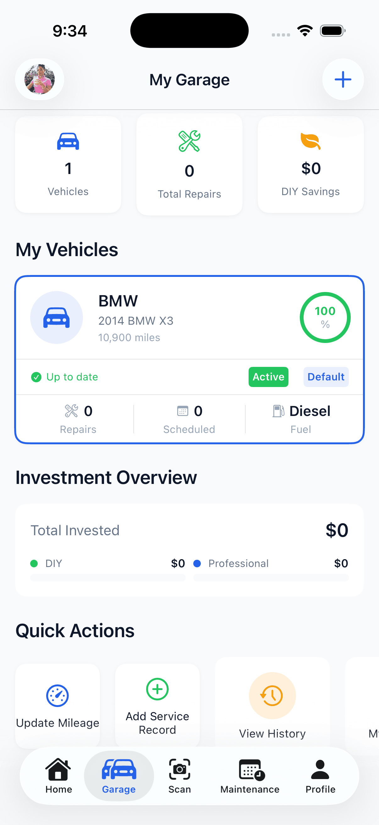 CarFixAI vehicle garage management dashboard for multiple cars